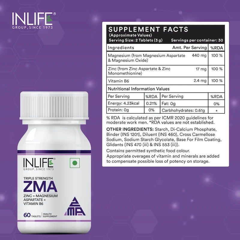 ZMA- Zinc Magnesium Aspartate and Vitamin B6 Supplement for Men and Women | Muscle Recovery and Sleep Support Supplement | 60 Vegetarian Tablets