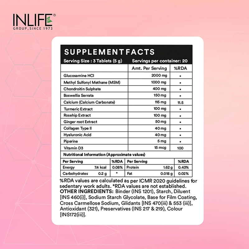 Inlife Glucosamine MSM Chondroitin & Collagen Tablets with Hyaluronic Acid, Calcium & Vitamin D3 | Tablets