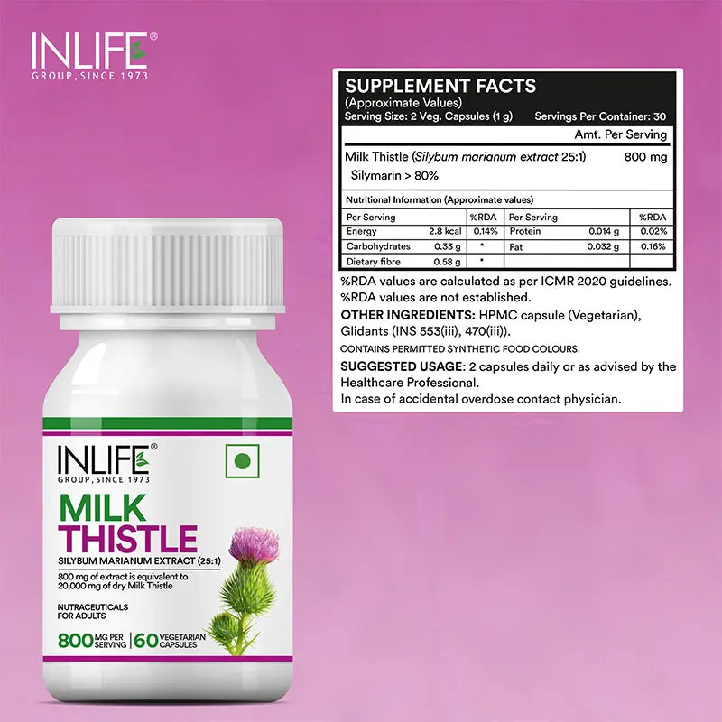 Inlife Milk Thistle Supplement | 800mg Per Serving | 60 Veg. Capsules