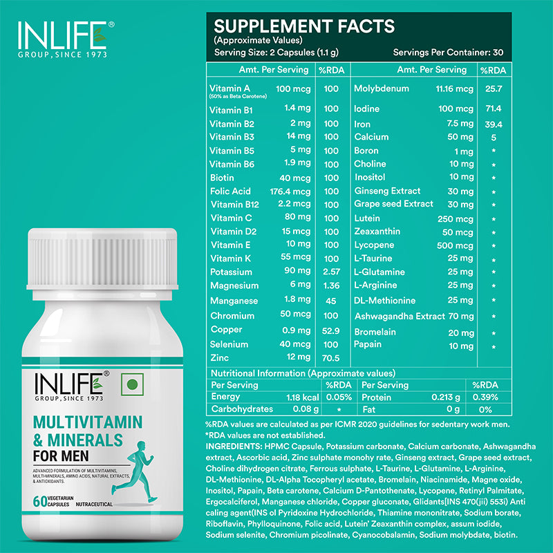 INLIFE Multivitamin & Minerals Supplement for Men - 60 Capsules