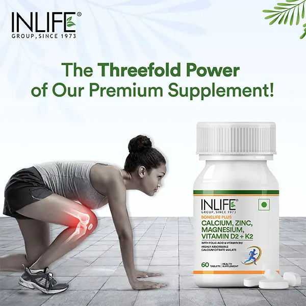 Inlife Bone Support Formula |Calcium Citrate Malate, Magnesium, Zinc, Folic Acid, Vitamin D2, K2 & B12| Supports Bone & Nutritional Health| 60 Tablets