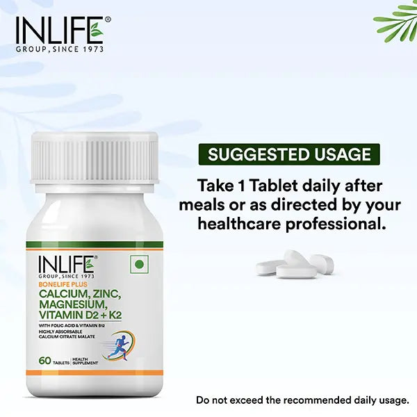Inlife Bone Support Formula |Calcium Citrate Malate, Magnesium, Zinc, Folic Acid, Vitamin D2, K2 & B12| Supports Bone & Nutritional Health| 60 Tablets