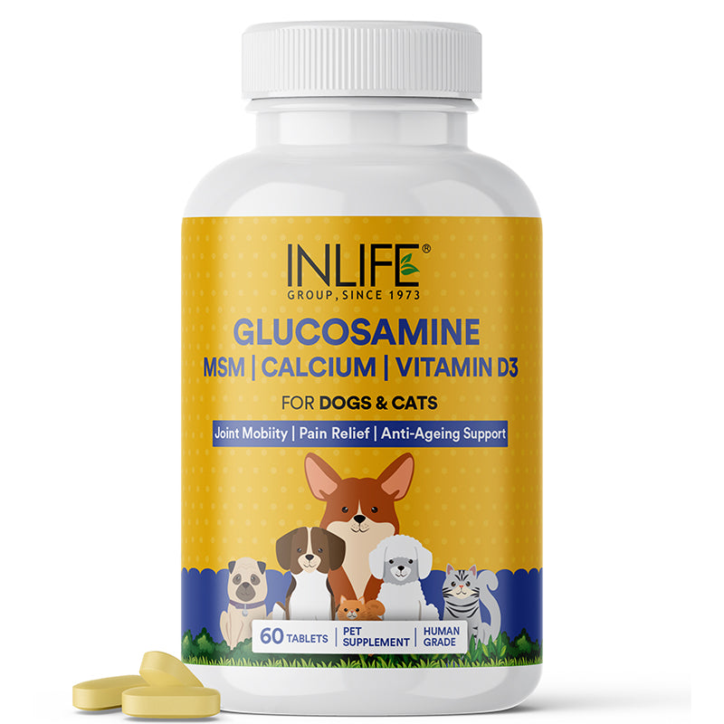 INLIFE Glucosamine Tablets for Dogs & Cats | With MSM Calcium & Vitamin D3 | Cartilage, Joints, Bone Health Supplement - 60 Tablets