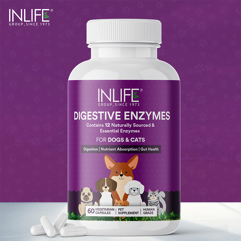 Inlife Digestive Enzymes for Dogs Cats | 12 Naturally Sourced & Essential Enzymes | Healthy Digestion, Immunity - 60 Veg. Capsules