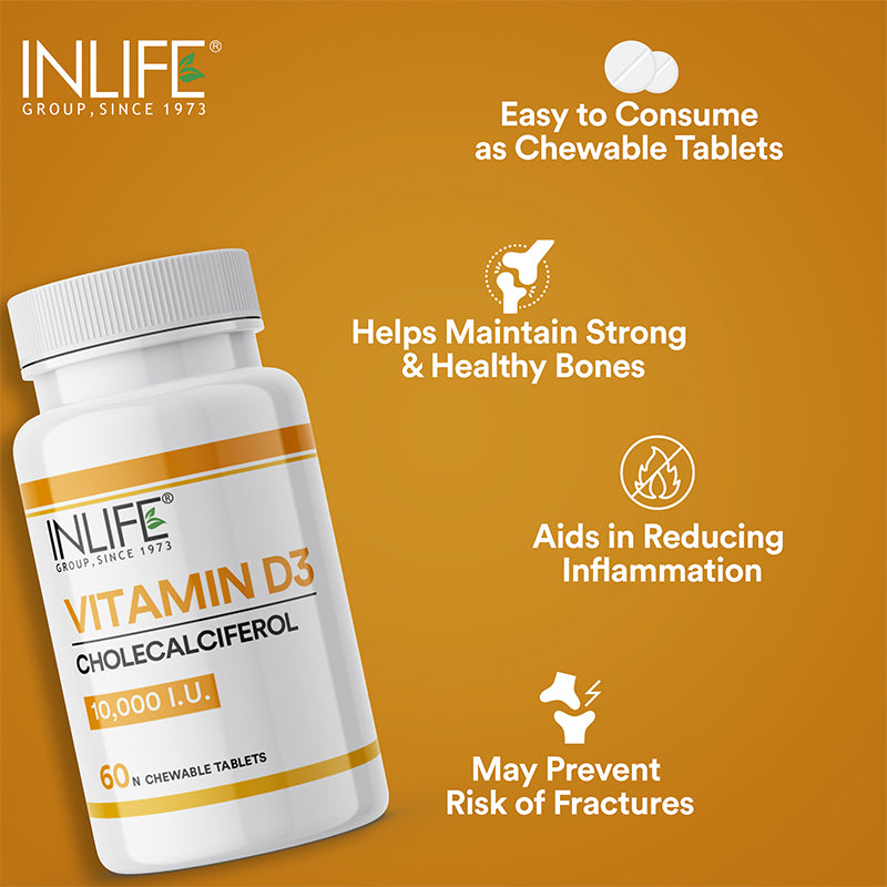 INLIFE Vitamin D3 10000 IU Chewable Tablets | Cholecalciferol Supplement - 60 Tablets
