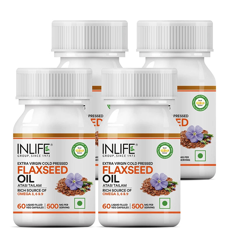 Inlife Flaxseed Oil Omega 3, 6, 9 Fatty Acids Supplement | 500mg | Veg. Capsules