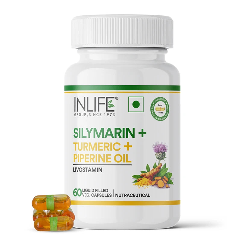 Inlife Silymarin Oil Capsules 200 mg with Turmeric & Piperine | Milk Thistle Extract Capsules for Liver Support & Antioxidant Formula | 60 Veg. Capsules