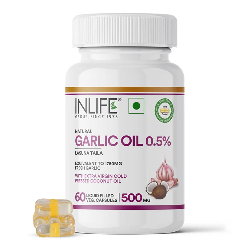 Inlife Garlic Oil with Cold Pressed Coconut Oil Capsules - Dual Action Formula | High Potency Diallyl Disulfide & MCTs | Natural, Vegetarian Cold Pressed Oils for Daily Wellness Support