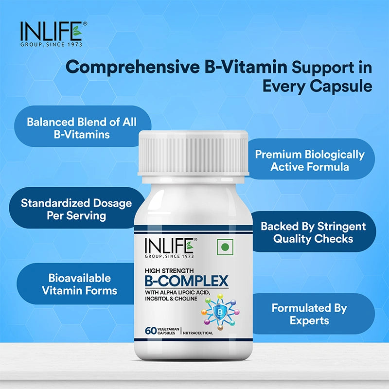 Inlife B-Complex Supplement | 8 Essential B-Vitamins with Alpha Lipoic Acid, Inositol & Choline | Vegetarian Capsules