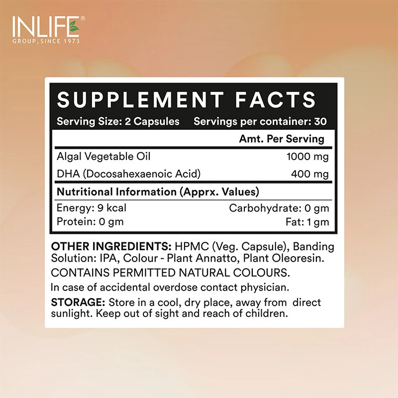Inlife Vegetarian DHA, Omega 3 Algal Oil Supplement, 400mg per serving - 60 Veg. Capsules