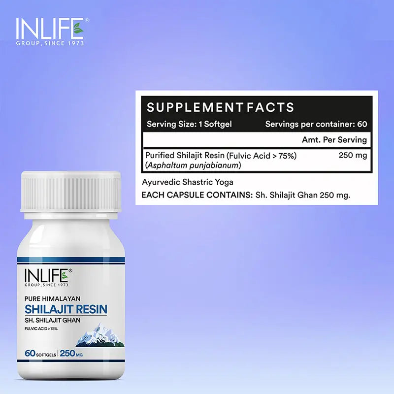 Inlife Pure Himalya Shilajit Resin Soft gel 500mg | 100% Pure & Potent Form| Contains >75% Fulvic Acid | Supports Energy, Stamina & Strength | 60 Soft gels (Pack of 1, 60)
