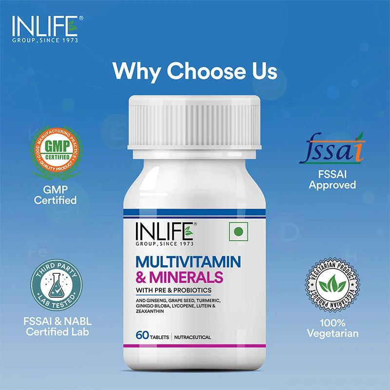Inlife Multivitamin and Minerals Supplement with Ginseng, Grape Seed, Lutein & Probiotics | Vegetarian Tablets