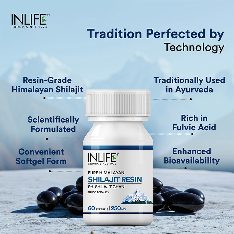 Inlife Pure Himalayan Shilajit Resin 500mg | Contains >75% Fulvic Acid | Soft Gels