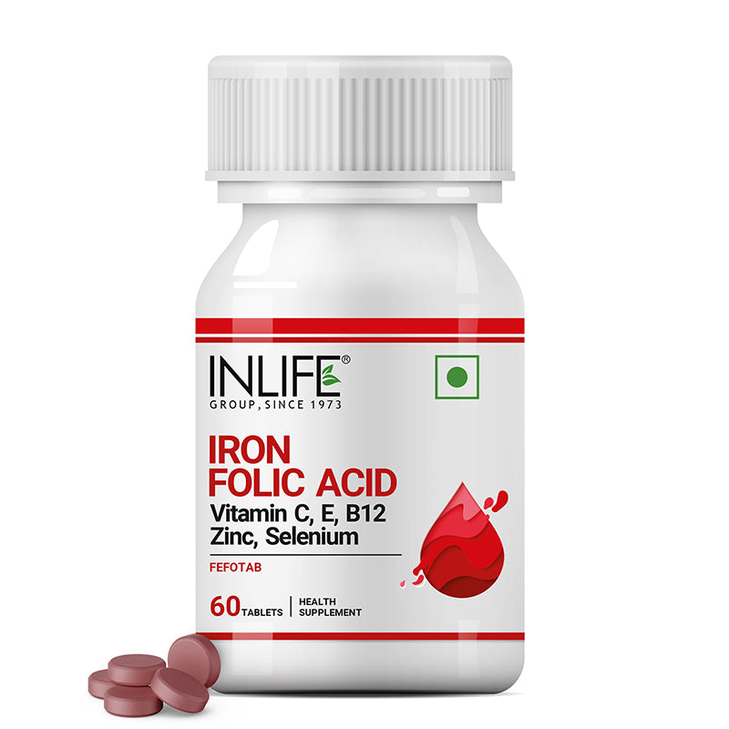 INLIFE  Chelated Iron Folic Acid Supplement with Vitamin C, E, B12, Zinc &amp; Selenium- 60 Tablets