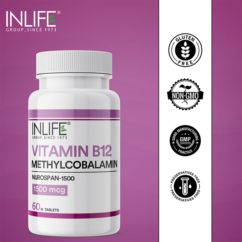 INLIFE Vitamin B12 1500mcg Methylcobalamin, Energy, Nervous System Support - 60 Tablets (Nurospan-1500)