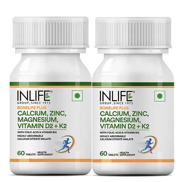Inlife Bone Support Formula |Calcium Citrate Malate, Magnesium, Zinc, Folic Acid, Vitamin D2, K2 & B12| Supports Bone & Nutritional Health| 60 Tablets