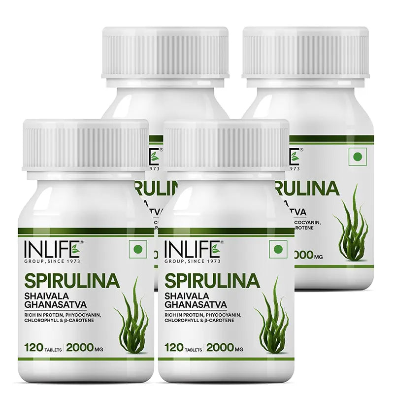 INLIFE Spirulina 500 mg – 120 Vegetarian tablets Organic Blue-Green Algae Superfood with Phycocyanin & Antioxidants