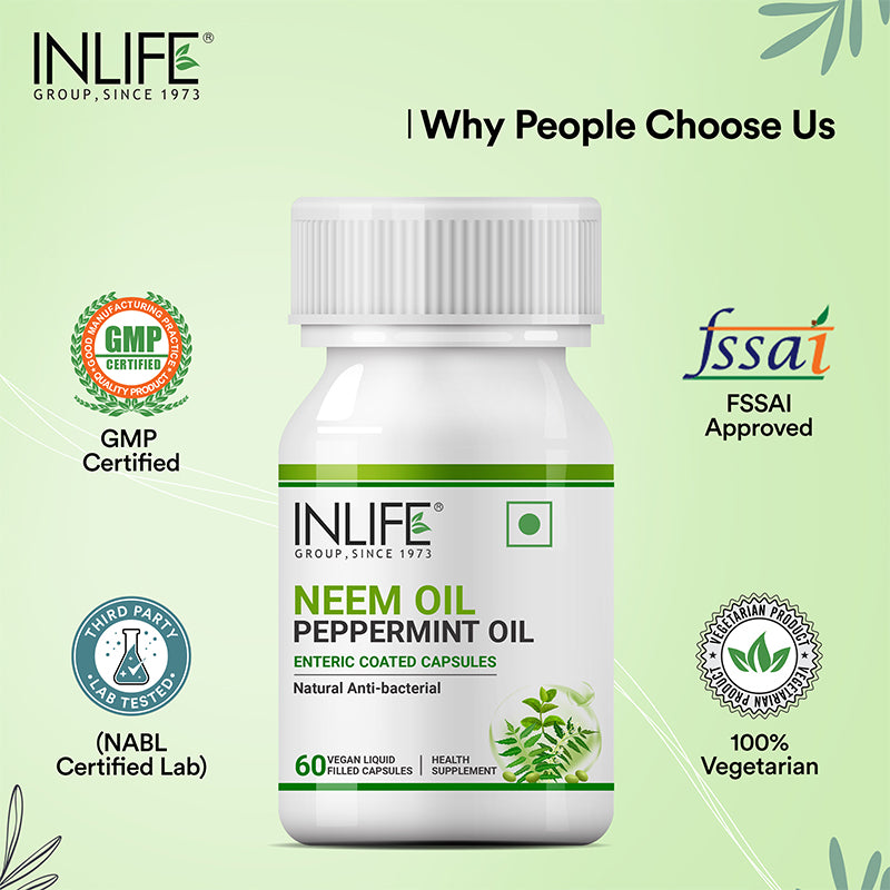 INLIFE NEEM & PEPPERMINT OIL CAPSULES FOR IBS, 500 MG | 60 ENTERIC COATED VEGETARIAN CAPSULES