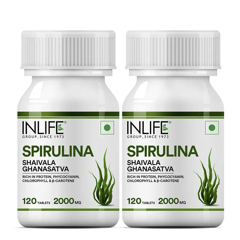 INLIFE Spirulina 500 mg – 120 Vegetarian tablets Organic Blue-Green Algae Superfood with Phycocyanin & Antioxidants