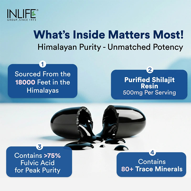 Inlife Pure Himalayan Shilajit Resin 500mg | Contains >75% Fulvic Acid | Soft Gels