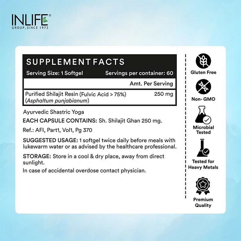 Inlife Pure Himalayan Shilajit Resin 500mg | Contains >75% Fulvic Acid | Soft Gels