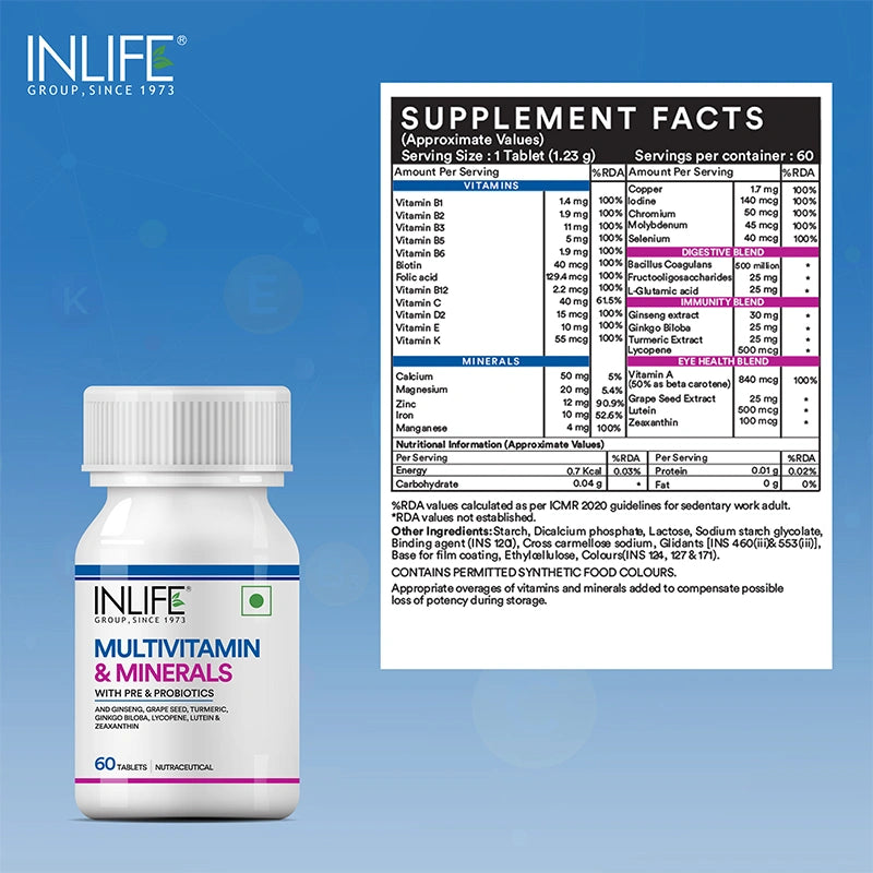 Inlife Multivitamin and Minerals Supplement with Ginseng, Grape Seed, Lutein & Probiotics | Vegetarian Tablets