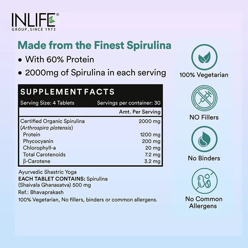 INLIFE Spirulina 500 mg – 120 Vegetarian tablets Organic Blue-Green Algae Superfood with Phycocyanin & Antioxidants