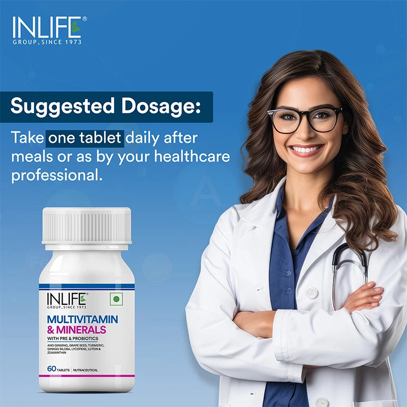 Inlife Multivitamin and Minerals Supplement with Ginseng, Grape Seed, Lutein & Probiotics | Vegetarian Tablets