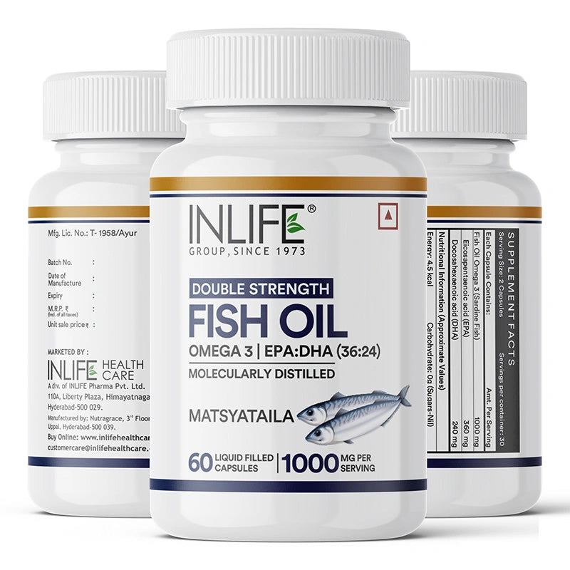 Inlife Fish Oil (Double Strength) Omega 3 Fatty Acids Supplement | 1000mg per serving