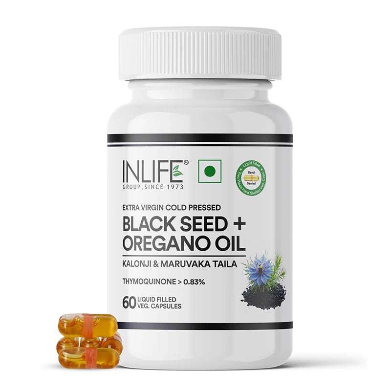 Inlife Black Seed Oil (480 mg) & Oregano Oil (20 mg, 50:1) Capsules, Extra Virgin Cold-Pressed | Thymoquinone > 0.83% | Carvacrol > 80% | 60 Liquid-Filled Veg Capsules
