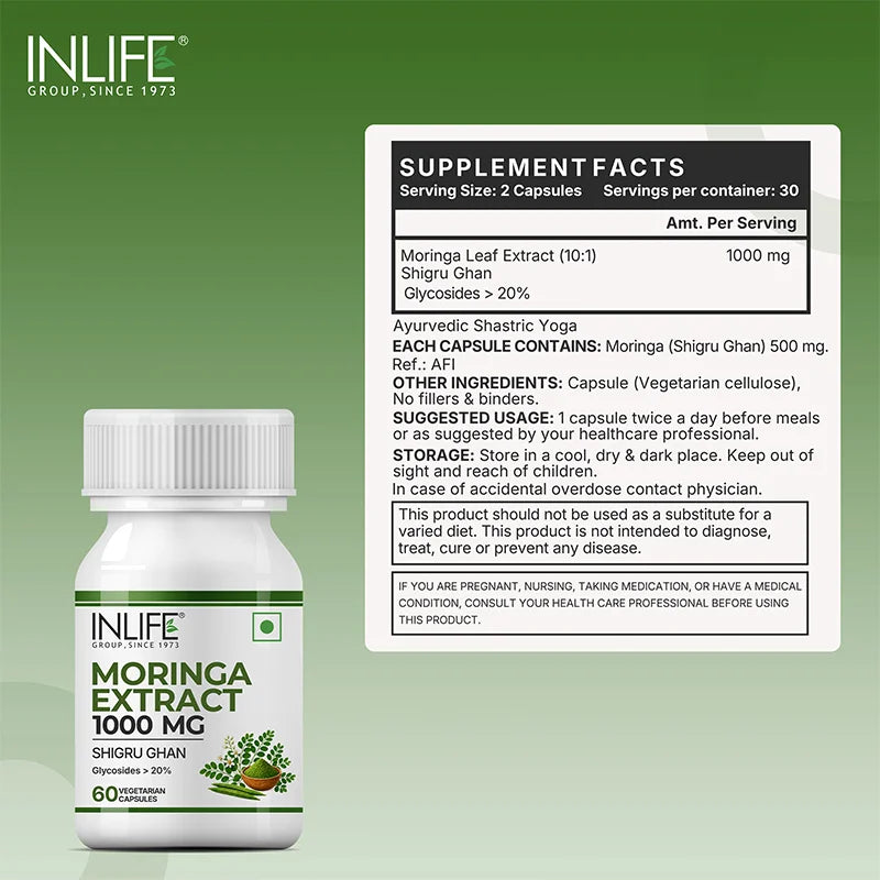 Inlife Moringa Leaf Extract Supplement, 500 mg, Veg. Capsules