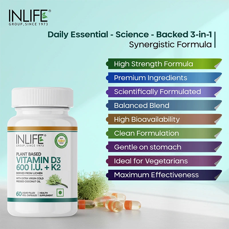 Inlife Plant Based Vitamin D3 K2 Supplement, Lichen Source, 600 IU | Veg. Capsules