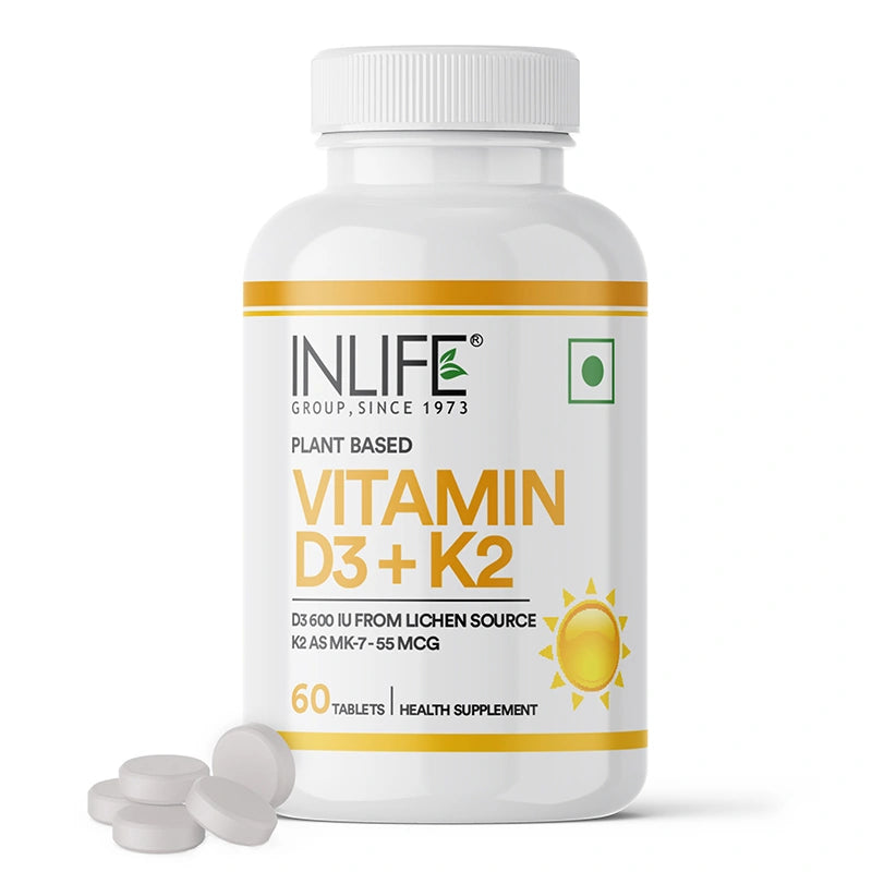 Inlife Plant-Based Vitamin D3 + K2 (MK7), 600 IU Lichen-Sourced D3 & 55 mcg MK7, Veg. Tablets