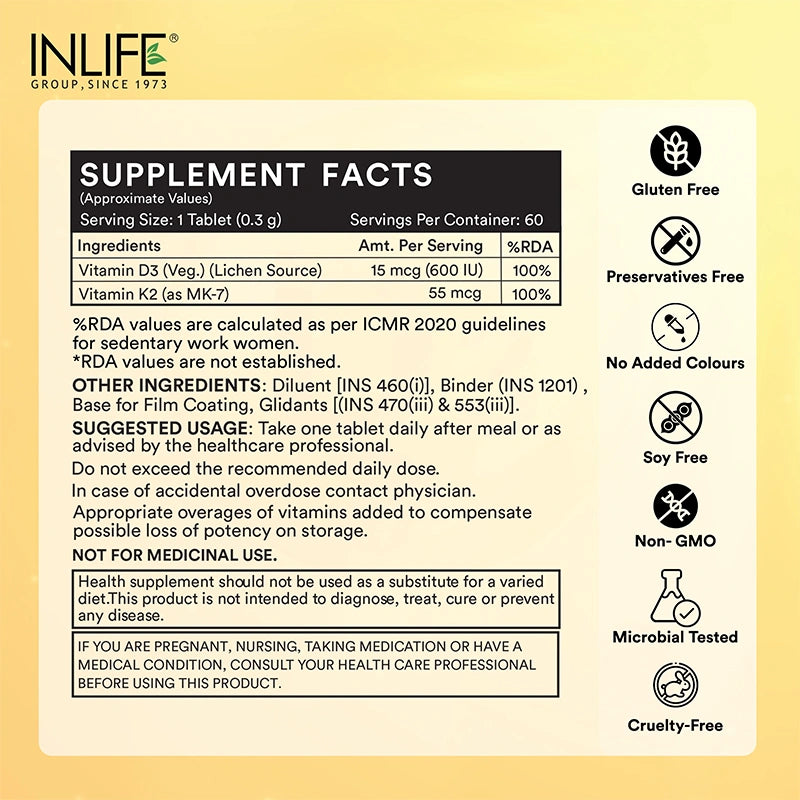 Inlife Plant-Based Vitamin D3 + K2 (MK7), 600 IU Lichen-Sourced D3 & 55 mcg MK7, Veg. Tablets