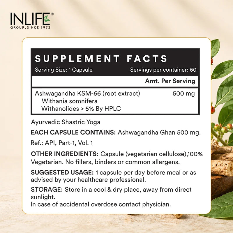 Inlife KSM-66 Ashwagandha with Withanolides > 5%, Veg. Capsules