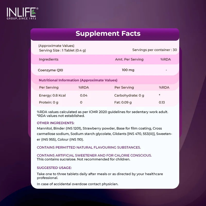 Inlife Coenzyme Q10 100 mg, Ubiquinone Chewable Tablets