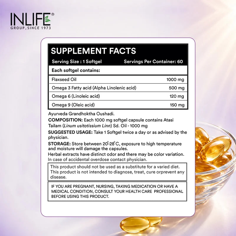 Inlife Flaxseed Oil Capsules Omega 3 6 9 Supplement, 1000mg, Softgels