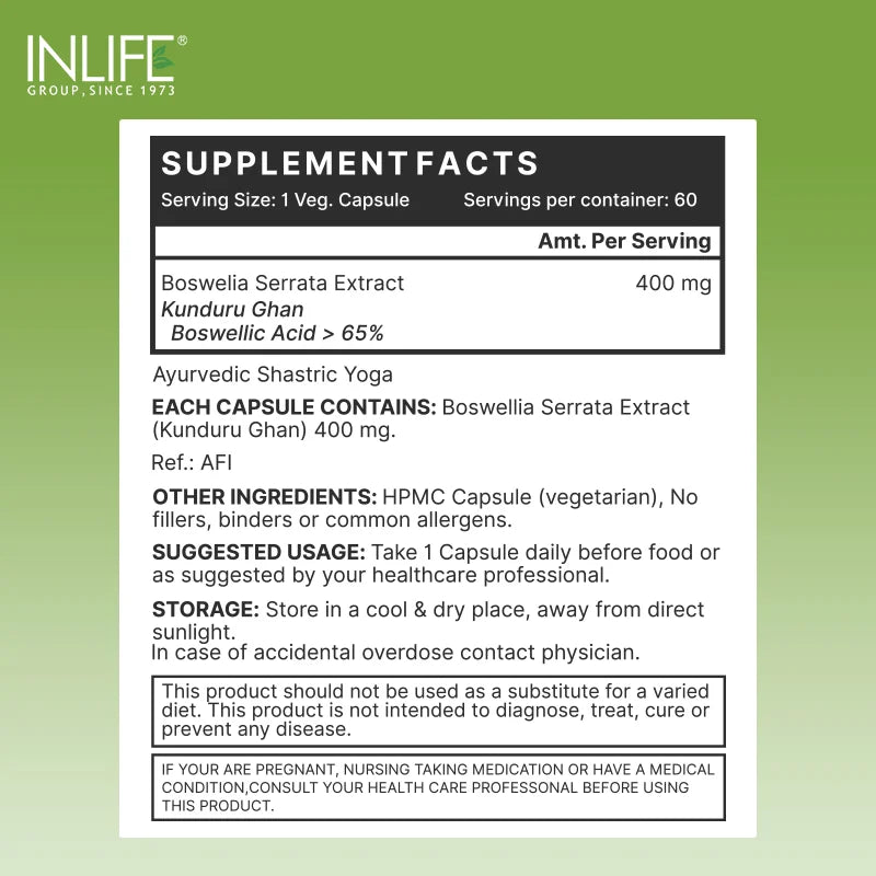 Inlife Boswellia Serrata Extract 400 mg, Veg Capsules.