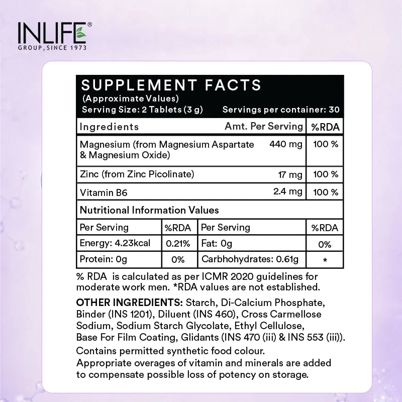 Inlife ZMA Triple Strength Zinc Magnesium and Vitamin B6 Supplement, Veg. Tablets