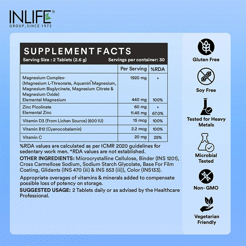 Inlife 5X Magnesium Complex 2000mg with Zinc, Vitamin C, D3 & B12, Veg. Tablets