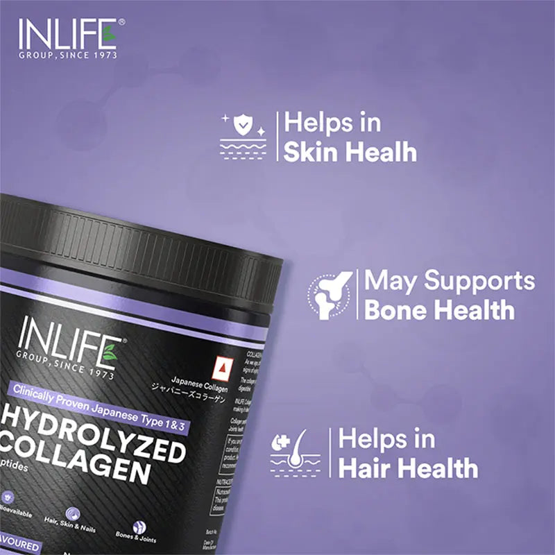 Inlife  Hydrolysed Japanese Collagen Peptides Powder Clinically Proven Ingredient, Type 1 & 3, Unflavoured, 200g