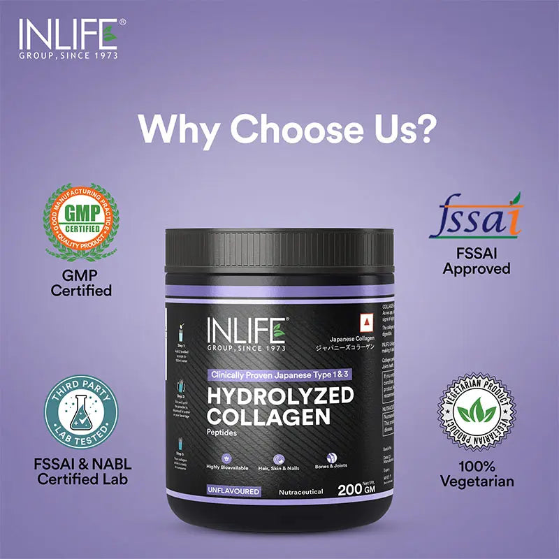 Inlife  Hydrolysed Japanese Collagen Peptides Powder Clinically Proven Ingredient, Type 1 & 3, Unflavoured, 200g