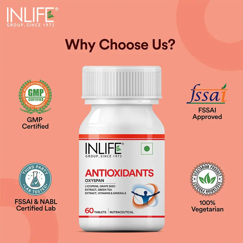 Inlife Antioxidants Supplement with Lycopene, Grape Seed, Green Tea Extract (60 Tablets)