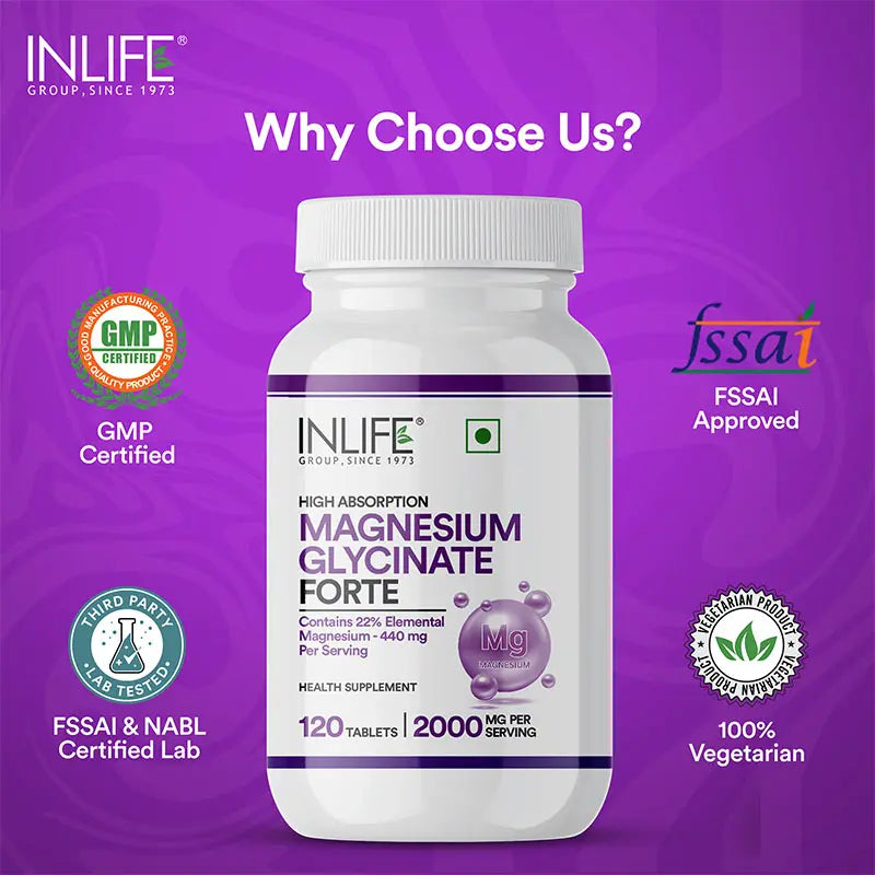 Inlife Chelated Magnesium Glycinate Forte Supplement 2000mg | 120 Tablets