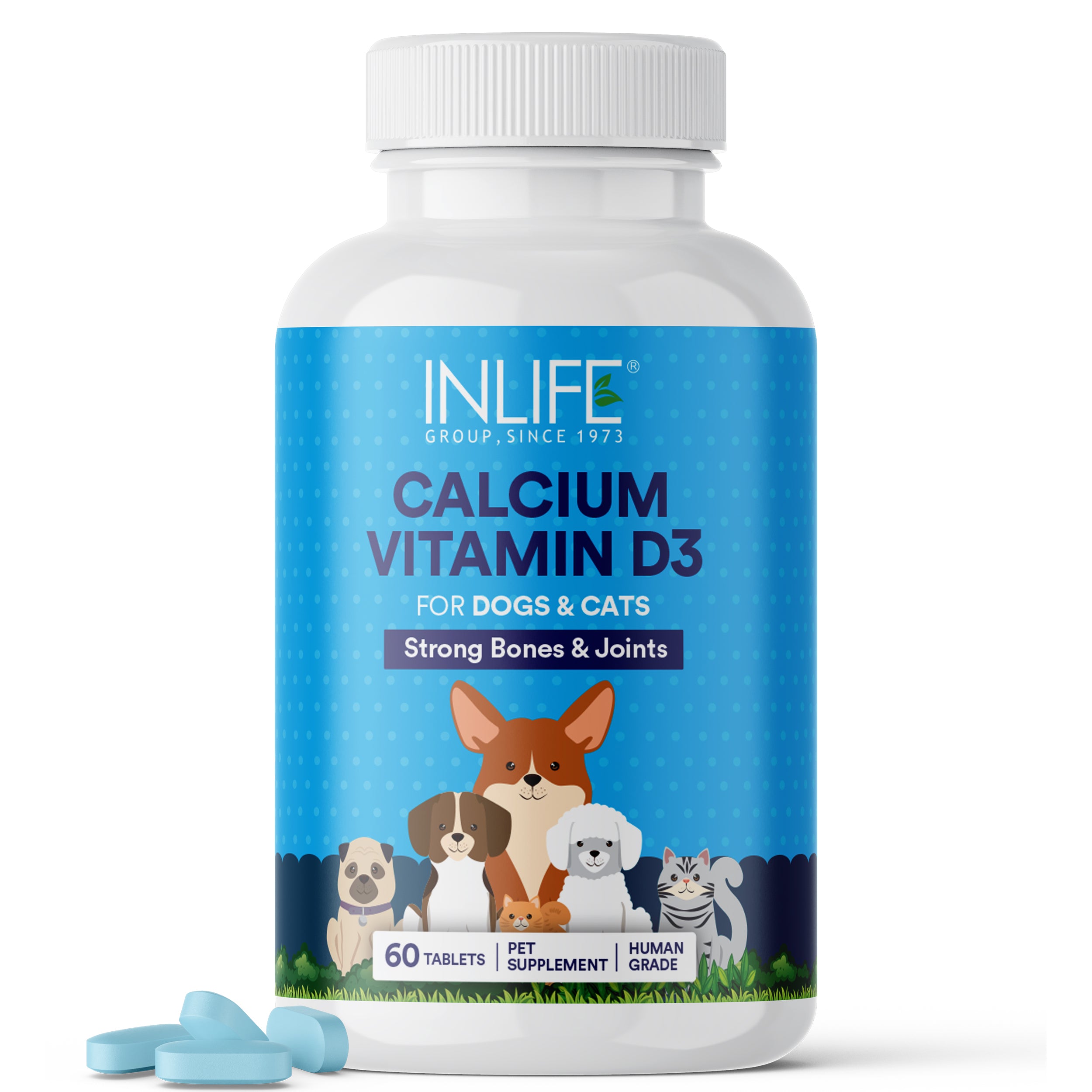 INLIFE Calcium Tablets for Dogs Cats with Vitamin D3 | Stronger Bones, Teeth & Joint Support In Pets- 60 Tablets