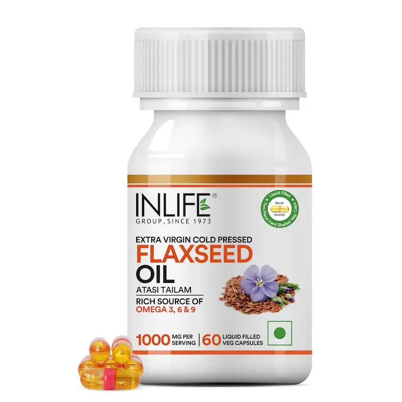 Inlife Flaxseed Oil Omega 3, 6, 9 Fatty Acids Supplement | 500mg | 60 Veg. Capsules