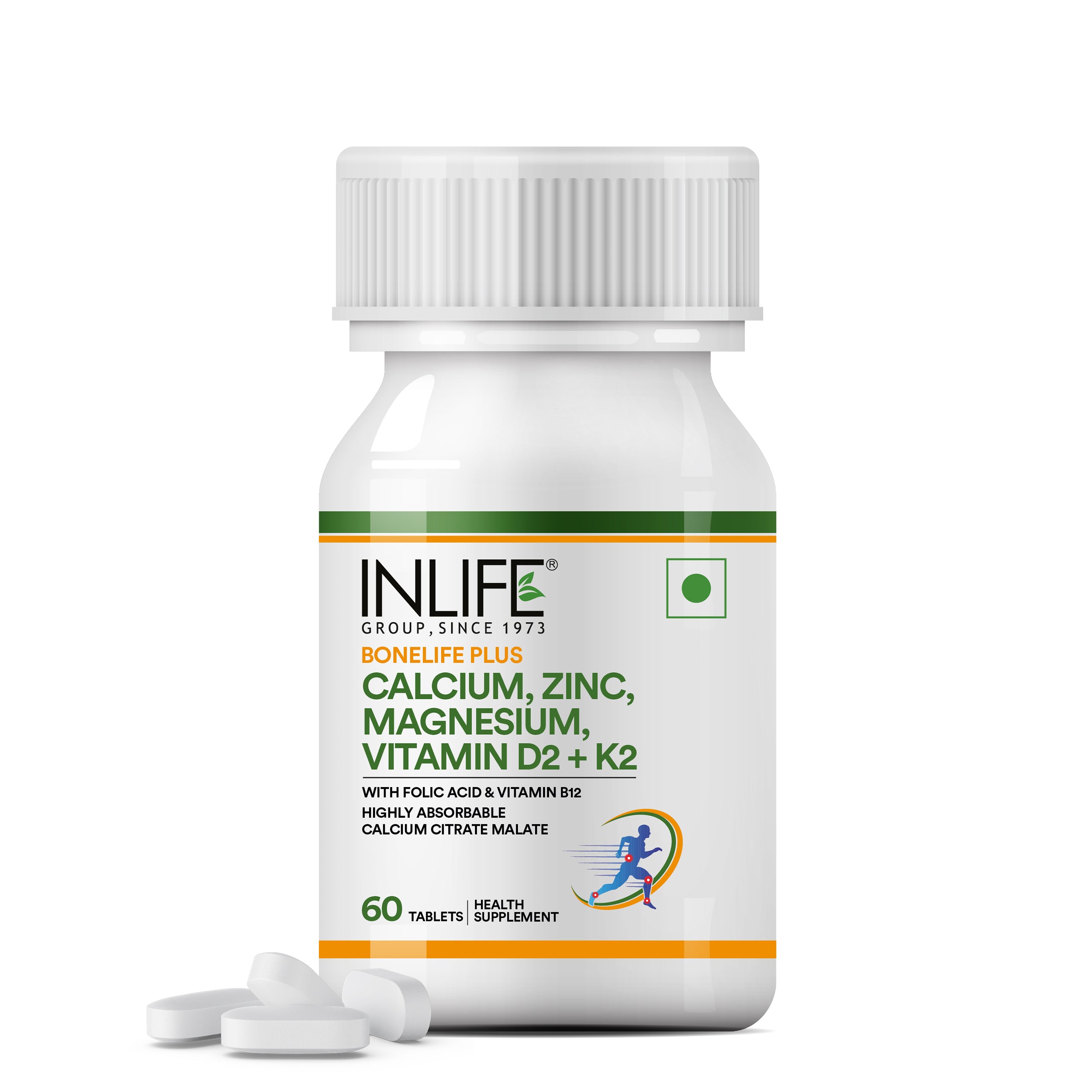 Inlife Bone Support Formula |Calcium Citrate Malate, Magnesium, Zinc, Folic Acid, Vitamin D2, K2 & B12| Supports Bone & Nutritional Health| 60 Tablets