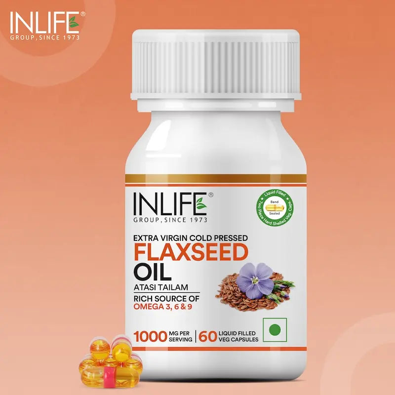 Inlife Flaxseed Oil Omega 3, 6, 9 Fatty Acids Supplement | 500mg | 60 Veg. Capsules