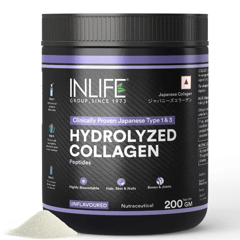 Inlife  Hydrolysed Japanese Collagen Peptides Powder Clinically Proven Ingredient, Type 1 & 3, Unflavoured, 200g