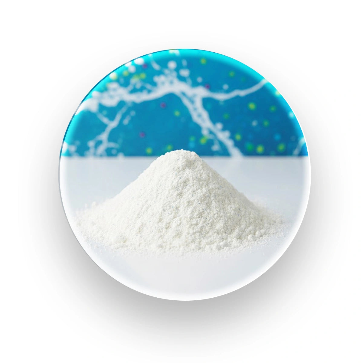 White pile of Aquamin marine-sourced magnesium powder against a background showing blue water. natural marine sourced magnesium